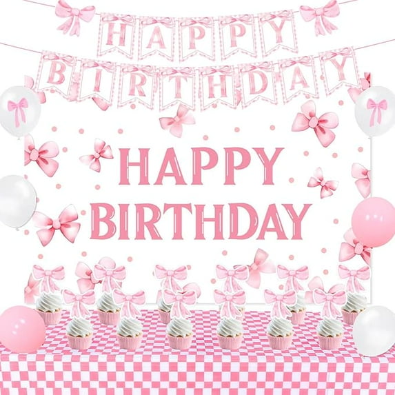 Pink Bow Party Decorations for Girls Bow Happy Birthday Backdrop Happy Birthday Banner Tablecloth Pink Bow Cupcake Toppers Latex Balloon for Princess Girls Birthday Party