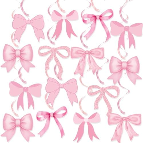 Pink Bow Party Hanging Swirls Decorations, Girl Bow Theme Birthday Decortions, Bows Decorations for Bows Birthday Baby Shower Bridal Shower Bachelorette Party Decor