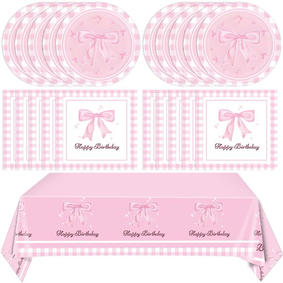 Pink Bow PartyUMRTDecorations,41Pcs Bow Birthday Party Supplies for Birthday Decorations Pink Bow Napinks Plates TableclothBridal Engagement Baby Shower Pretty Bachelorette Party Decorations