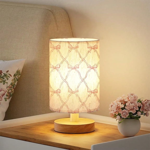 Pink Bow Pattern Desk Lamp,Small Bedside Table Lamp - Classic Wood Base With Flaxen Fabric Shade, Lamps For Night Stands, Simple Nightstand Light For Bedroom, Office, Desk