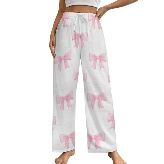 Pink Bow Pattern Pajama Pants Breathable with Pockets Pajamas For Lady Vintage Sleeping Pants Bedroom Homewear