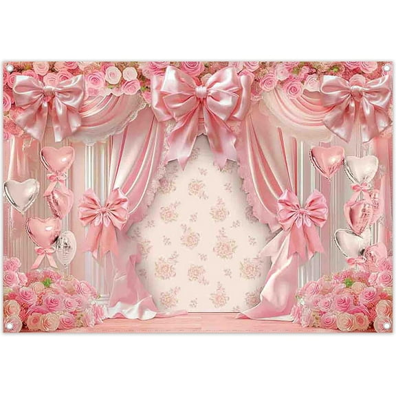 Pink Bow Photography Backdrop Coquette Floral Balloons Background Girls Birthday Party Decoration Wedding Bridal Photo Banner Booth