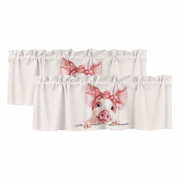 Pink Bow Pig Window Valance, Cartoon Cute Animal Beige 2 Pack Decorative Curtain for Small Windows, Light Filtering Valance with 3” Rod Pocket, 42"W x 12"L