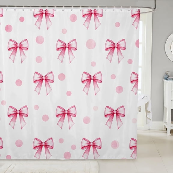 Pink Bow Princess Shower Curtains,Bowknot Geometric Dots Toddler Bathroom Curtains for Girls Women,Butterfly Knot Bow Tie Romantic White Simple Waterproof Curtains,12 Hooks Suits,72" W x 84" L