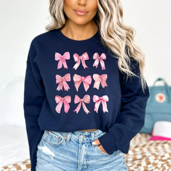 Pink Bow Print Coquette Sweatshirt, Cute Girly Long Sleeve Bow Pattern Top, Feminine Casual Pullover, Soft Pink Bow Sweatshirt for Women