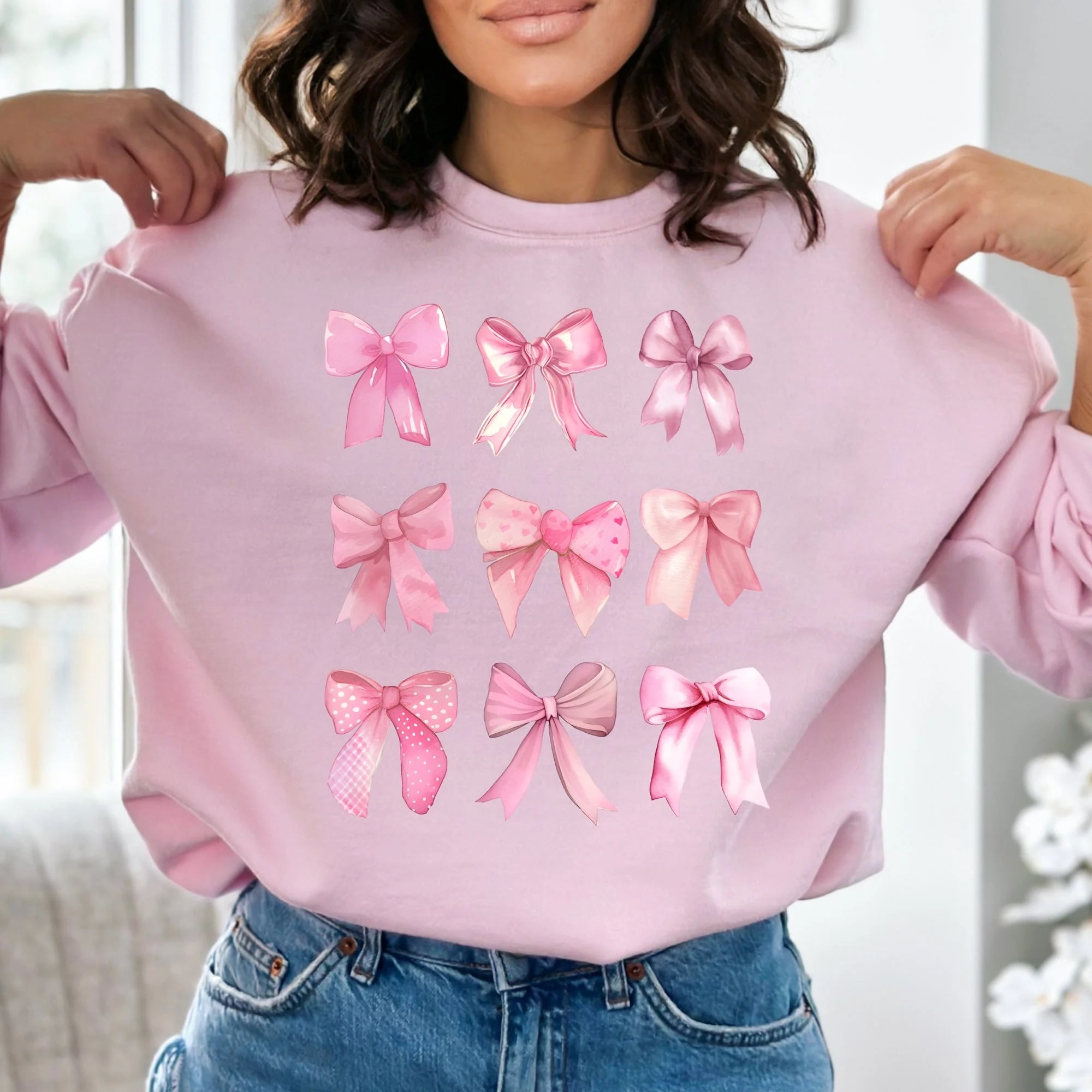 Pink Bow Print Coquette Sweatshirt, Cute Girly Long Sleeve Bow
