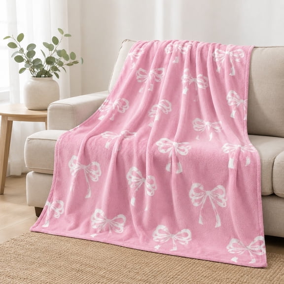 Pink Bow Print Fleece Throw Blanket, Soft 280 GSM Polyester Blanket