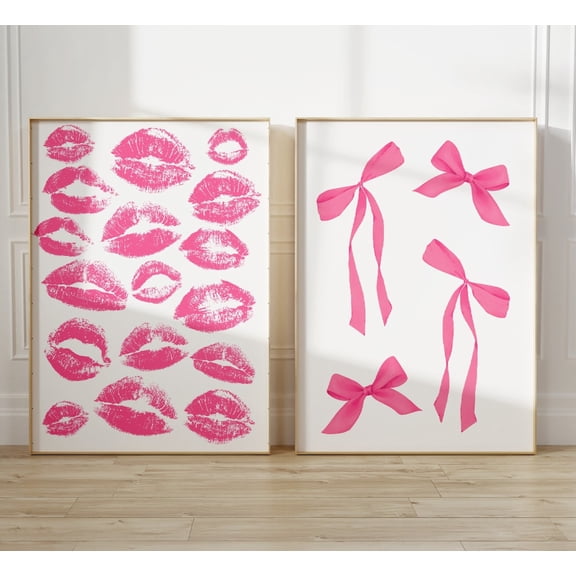 Pink Bow Print Kiss Lips Pink Bows Preppy Teen Room Decor Wall Art Set 2 Unframed Paper Print 20x30