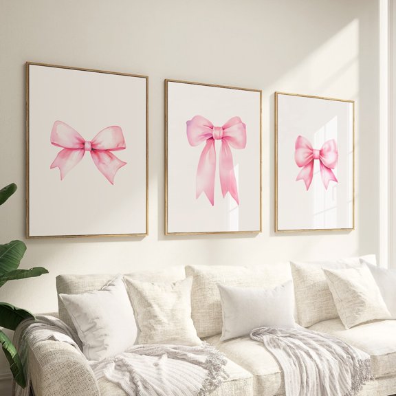 Pink Bow Print Preppy Wall Art Teen Room Decor College Apartment Nursery Art Set 3 Unframed Paper Print 20x30