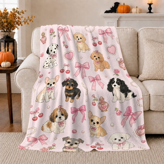 Pink Bow Puppy Flannel Blanket, Dog Cherry Pearl Perfume Heart Rose Ribbon Pattern for Sofa Couch Bed Nursery Bedroom Home Decor Birthday Gift for Girls and Dog Lovers