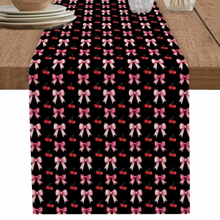 Pink Bow Red Cherry on Black Table Runner-70 Inch Long Modern Abstract Art Table Runners Linen Burlap Tablerunner for Kitchen Dining Room Holiday Party