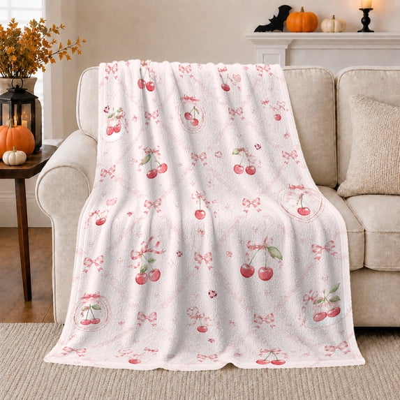 Pink Bow Red Cherry Watercolor Pattern, Cozy Friendship Quote Scene, Warm Flannel Blanket for Living Room and Reading Nook, Art Lovers Thanksgiving Gift, Playful Home Decor