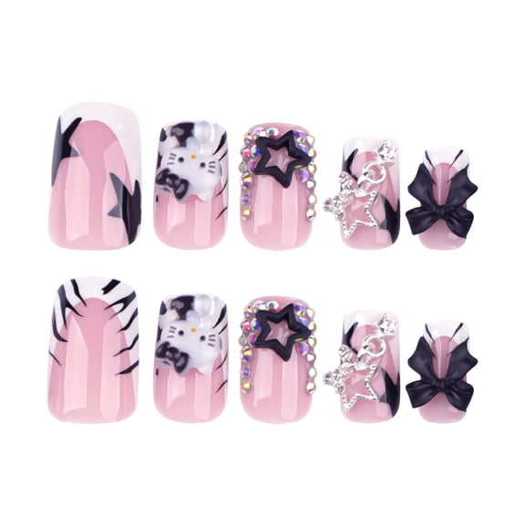 Pink Bow Rhinestone Star Press on Nails Medium Square Fake Nails Full Cover Adhesive Press Ons Glossy Acrylic False Nails Nail Tips DIY Manicure for Women Girls Home Manicure Salon Look 24 Pcs