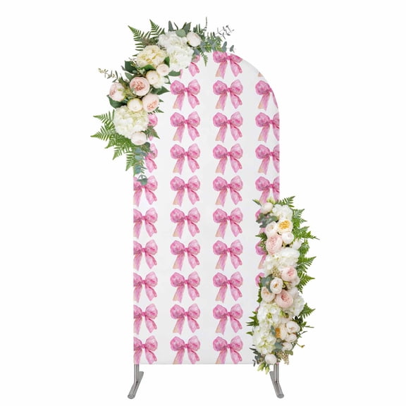 Pink Bow Ribbon Arch Backdrop Cover, Spandex Fitted Wedding Arch Cover, Bowknot Bow Tie Aesthetics Minimalist Round Top Stand Covers for Birthday Ceremony Bridal Shower Party Decor 4x1.65 Ft