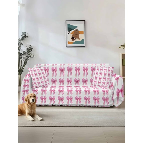 Pink Bow Ribbon Couch Cover for 2 Cushion Sofa, Bowknot Bow Tie Aesthetics Minimalist Washable Loveseat Sofa Covers Slipcover for Sectional Sofas L-Shaped, Couch Throw Cover 71"x118"