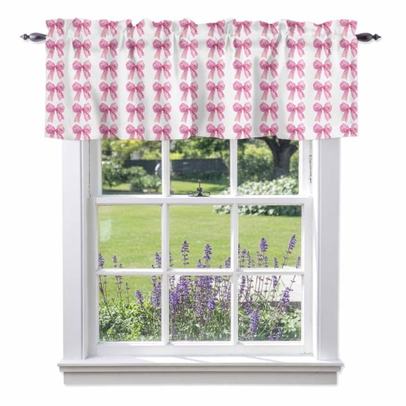 Pink Bow Ribbon Kitchen Curtain Valances for Windows Farmhouse Short Curtains, Bowknot Bow Tie Aesthetics Minimalist Rod Pocket Valance Curtain for Bedroom Cafe Living Room