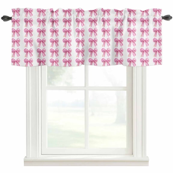 Pink Bow Ribbon Kitchen Valances for Windows, Bowknot Bow Tie Aesthetics Minimalist Bathroom Window Valances 42x12 Inch Rod Pocket Window Treatments Valance Curtains for Living Room Bedroom Decor