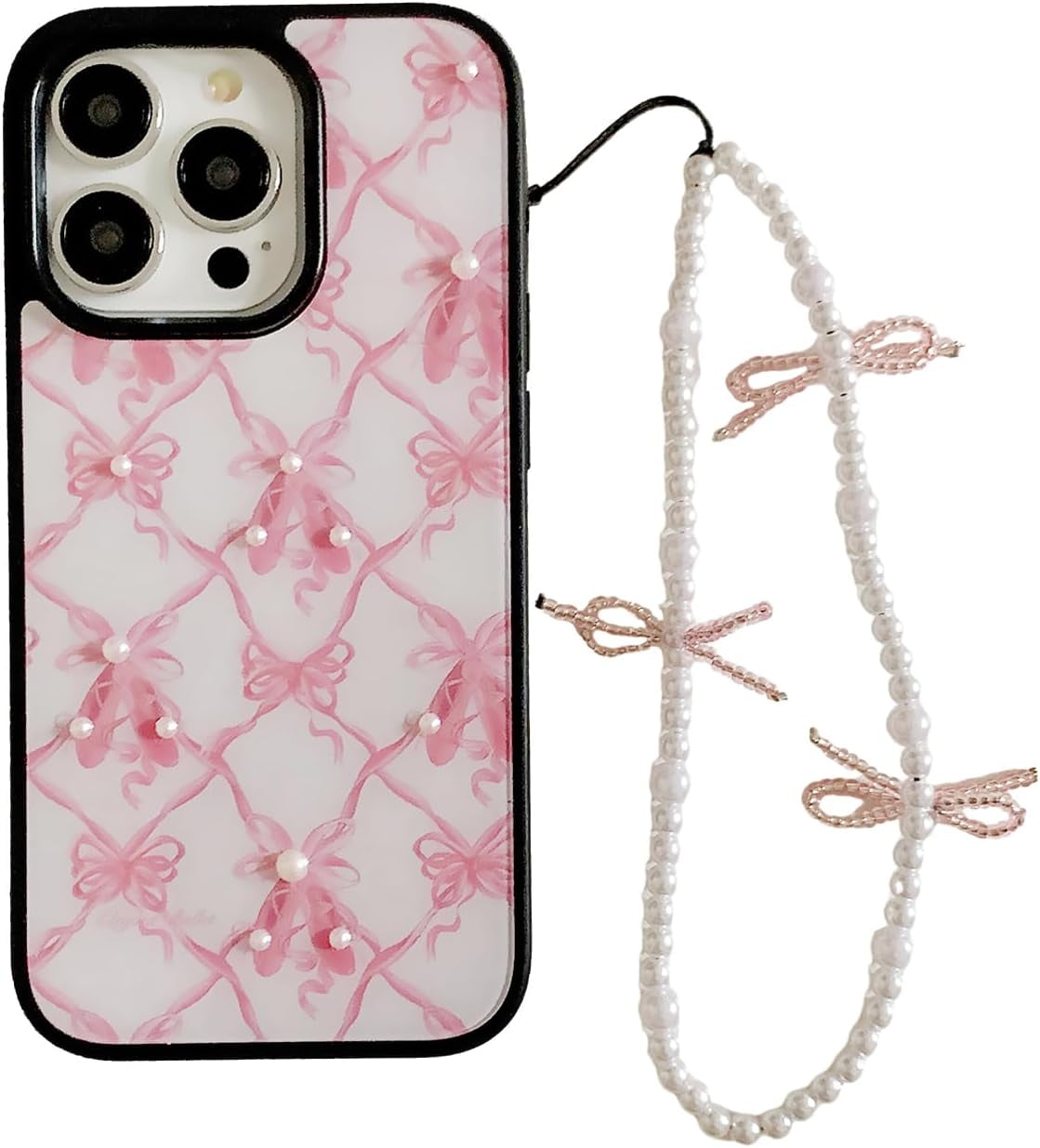 Pink Bow Ribbon Phone Case for iPhone 15 Pro Max with Pearl Beade