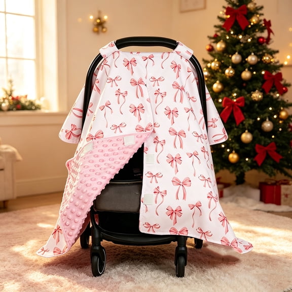 Pink Bow Ribbon Print Stroller Canopy, Minky Dot Lining Hook & Loop Cover for Daily Use