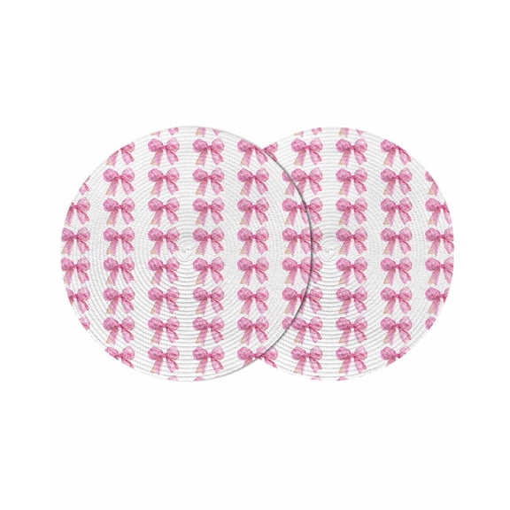 Pink Bow Ribbon Round Placemats Set of 2 for Dinning Tables,Heat-proof Braided Table Mats 13 Inch,Bowknot Bow Tie Aesthetics Minimalist Washable Place Mat for Kitchen Restaurant Party Table Decor