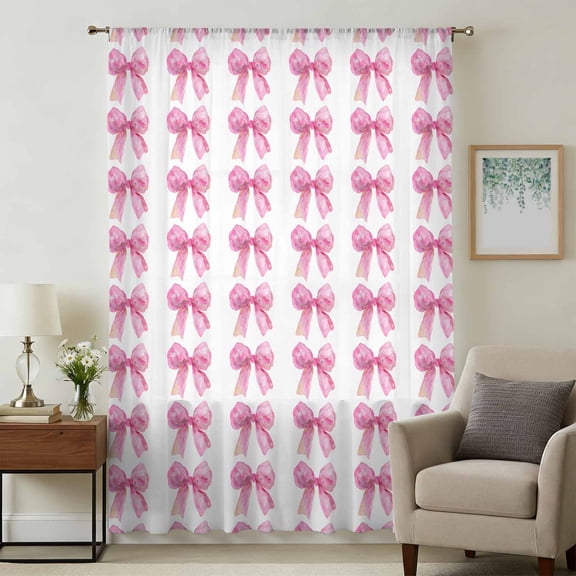 Pink Bow Ribbon Sheer Curtains 84 Inches Long, Bowknot Bow Tie Aesthetics Minimalist Light Filering Curtains, Breathable Simi Curtain Privacy Drapes for Living Room Bedroom Window Treatment