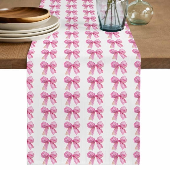 Pink Bow Ribbon Short Table Runner 36 Inches Long,Bowknot Bow Tie Aesthetics Minimalist Cotton Linen Table Runners Dresser Scarves,Fabric Tabletop Scarf Furniture Cover for Home Dinner Party 13"x36"
