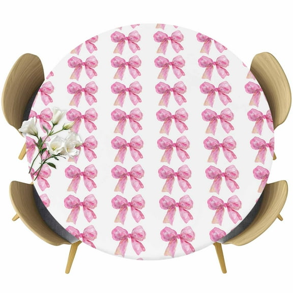 Pink Bow Ribbon Table Cloth, Round Fitted Tablecloths with Elastic Edge, Bowknot Bow Tie Aesthetics Minimalist Wipeable Waterproof Table Cover for Kitchen Wedding 55-60 Inches