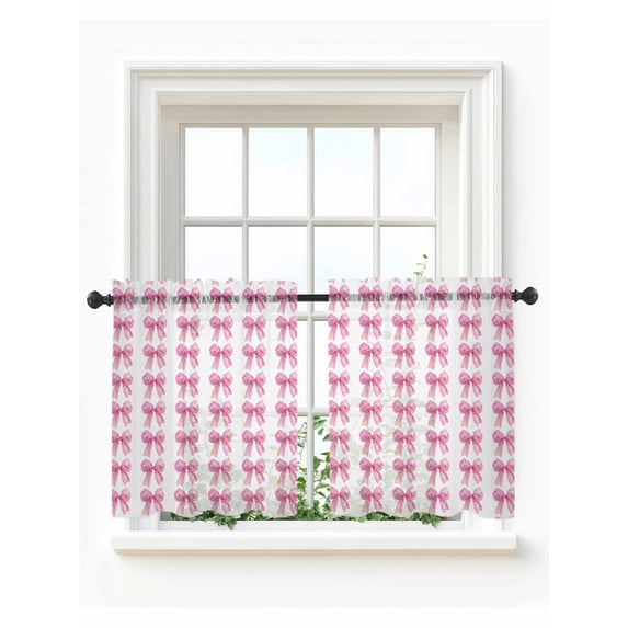 Pink Bow Ribbon Tier Curtains 24 Inch Length,Sheer Curtains for Bedroom Living Room Window Bowknot Bow Tie Aesthetics Minimalist Small Half Window Kitchen Curtains & Drapes 27.5"x24" 2 Panels