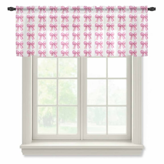 Pink Bow Ribbon Valance Curtains for Kitchen/Living Room/Bathroom/Bedroom Window, Rod Pocket Small Topper Half Short Window Curtains Voile Sheer Scarf, Bowknot Bow Tie Aesthetics Minimalist 42"x12"