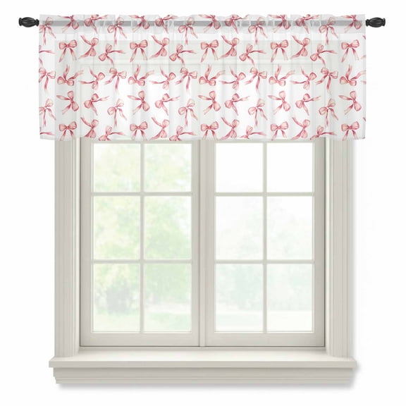 Pink Bow Ribbon Valance Curtains for Kitchen/Living Room/Bathroom/Bedroom Window, Rod Pocket Small Topper Half Short Window Curtains Voile Sheer Scarf, Vintage Modern Art Bowknot 42"x18"