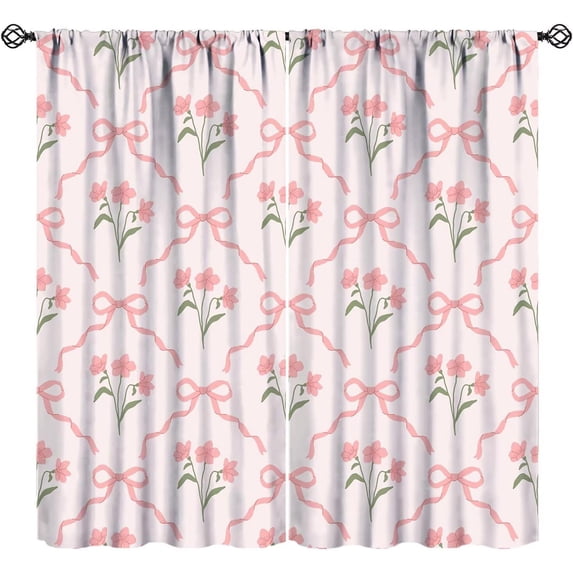 Pink Bow Ribbons Curtains for Girls, Vintage Country Pink Damask Flowers Plants Print Window Treatments for Kids Bedroom Party Kitchen, 84" W X 84" L