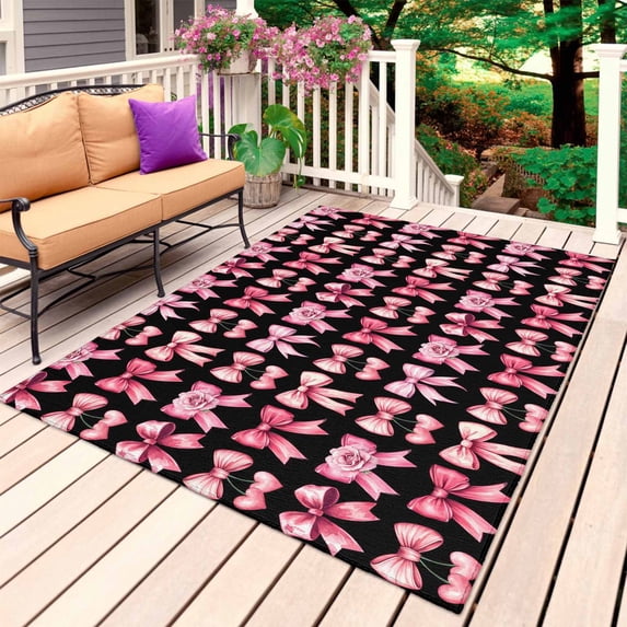 Pink Bow Rose Outdoor Rug for Patio/Deck/Porch, Non-Slip Large Area Rug 6 x 9 Ft, Sweet Cherry Vintage Romantic Indoor Outdoor Rugs Washable Area Rugs, Reversible Camping Rug Carpet Runner