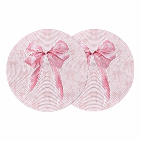 Pink Bow Round 13 Inch Placemats Set of 2, Cute Watercolor Girls Cartoon Luxury HeatResistant Non Slip Place Mats for Dining Table, Wipeable Braided Kitchen Table Mats for Housewarming