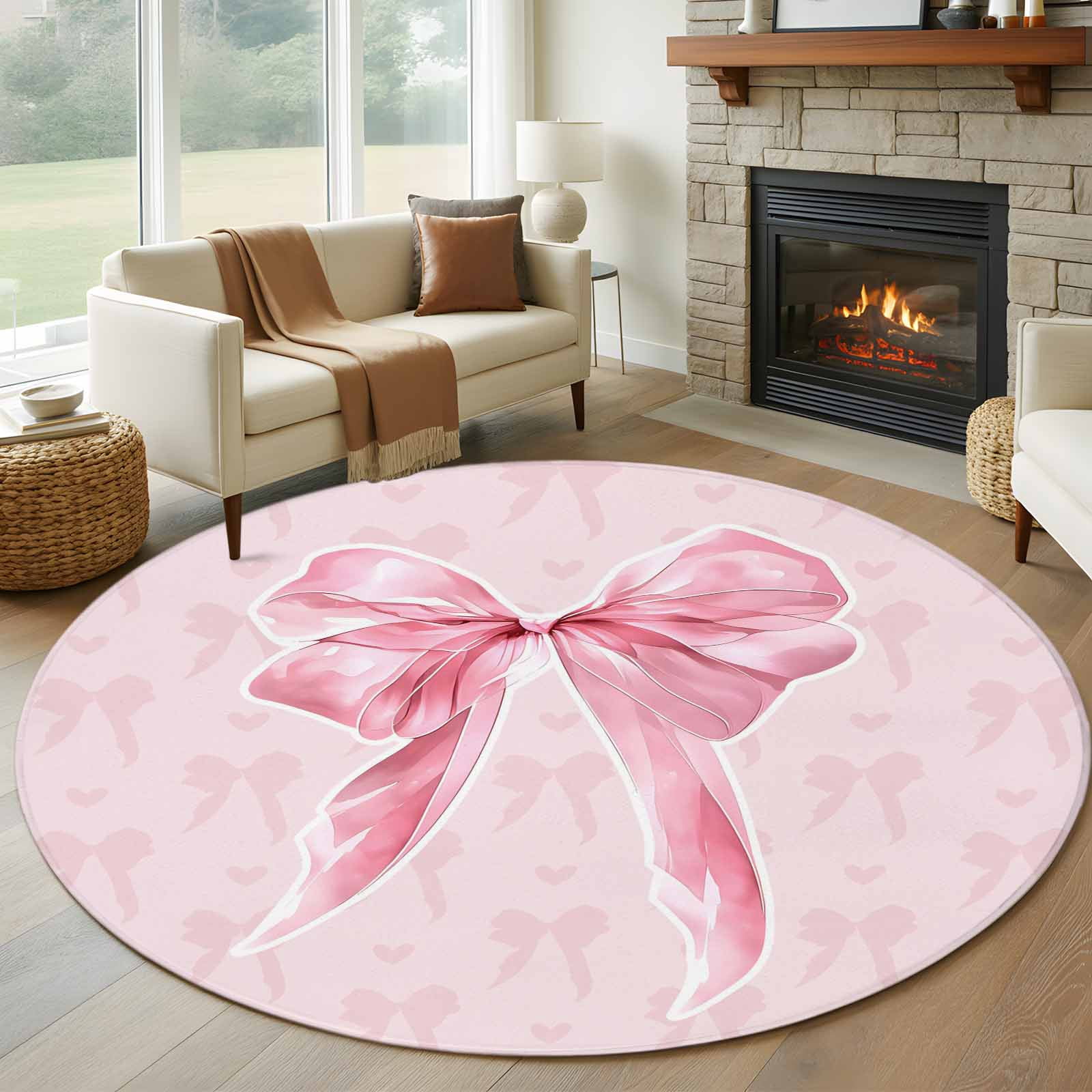 Pink Bow Round Area Rug 7Ft Washable Circle Rugs for Dorm Laundry Room, Cute Watercolor Girls Cartoon Luxury Non-Slip Carpet Floor Mats Indoor Outdoor Carpet Runner Aesthetic Home Decor