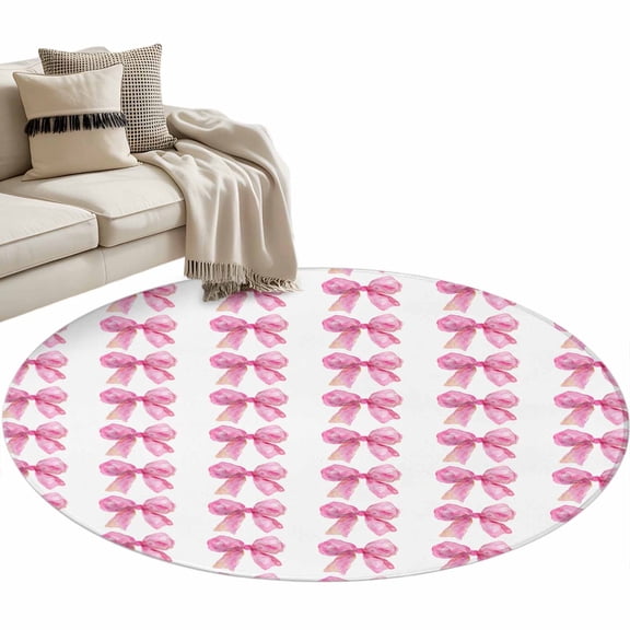 Pink Bow Round Area Rug 3ft Vintage Spring Retro Bow Plaid Farm Ribbon Non-Slip Washable Circle Rugs Soft Felt Indoor Floor Mat for Bedroom Kitchen Living Room Bathroom