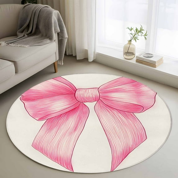 Pink Bow Round Rug 3ft Washable Circle Entryway Rugs Non Slip Cute Pink Vintage Area Rug Indoor Floor Carpet for Bedroom Kitchen Living Room Home Office Dining Room Nursery