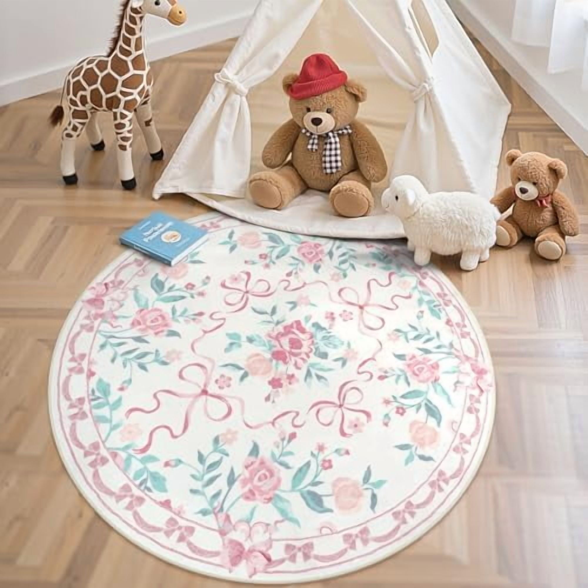 Pink Bow Round Rugs for Girls, 4ft Floral Washable Circle Rug for ...