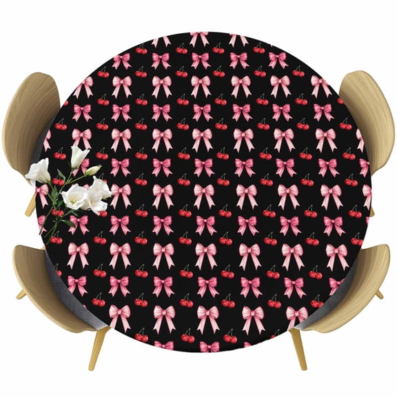 Pink Bow Round Tablecloth, Fitted Table Cover with Elastic for 36"-44" Round Tables, Red Cherry Black Cute Preppy Aesthetic Table Cloth Outdoor Indoor Dinning Party Waterproof Tablecloths