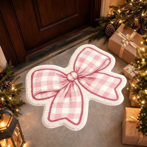 Pink Bow Rug,Cute Coquette Room Decor Area Rug, Ultra-Soft Fluffy Kawaii Bath Mat, Non-Slip Washable Floor Mat for Girls Bedroom, Nursery and Preppy Bathroom