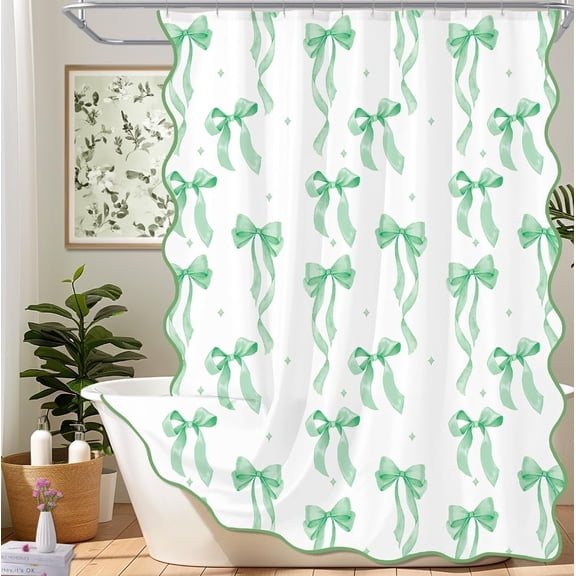 Pink Bow Scalloped Shower Curtain, Cute Pink Shower Curtains Pretty Aesthetic Preppy Waterproof Fabric Girls Bath Bathroom Decor with Metal Hook 72 W x 72 H Inch