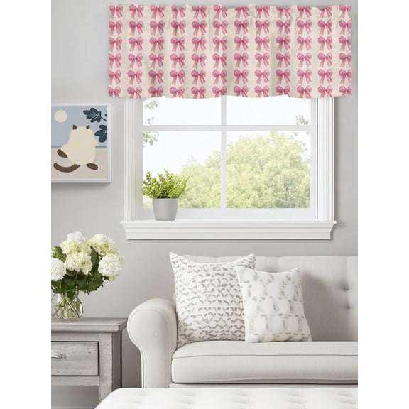 Pink Bow Seamless Valances for Windows,Kitchen Valance Rod Pocket Short Curtain, Retro Linen Valance Curtain Window Valances for Bedroom Bathroom Living Room 60x18in