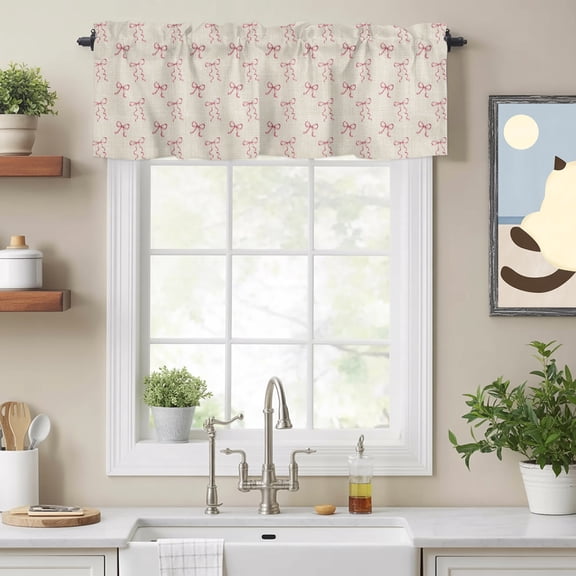 Pink Bow Seamless Valances for Windows,Rod Pocket Valance for Kitchen Bedroom Bathroom Living Room, Retro Linen Country Style Window Valance Curtain Farmhouse Short Curtains 54x18in