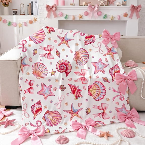 HNQEICB 50 x 60 inches Pink Bow Seashell Starfish Fleece Throw Blanket for Bed and Couch