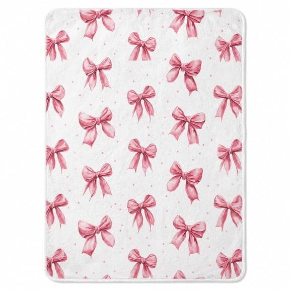 Pink Bow Sherpa Blanket, Soft Polyester Fleece Throw, Plush Cozy Blanket