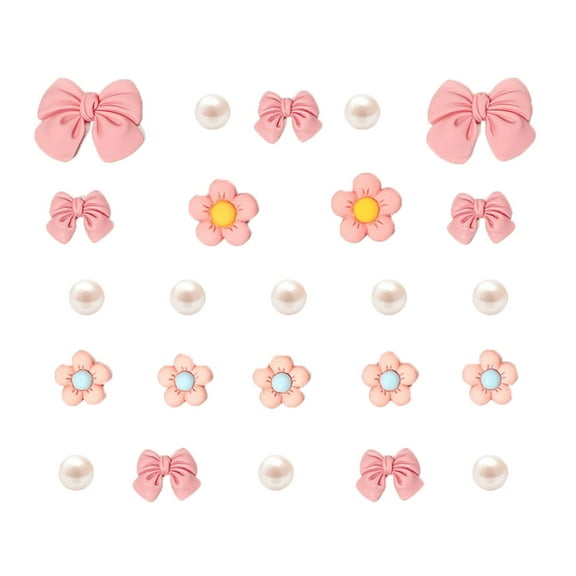 Pink Bow Shoe Charms for Girls, 24Pcs Cute Flower Accessories for Clog Sandals, Pearl Decoration for Women, DIY Party Favor