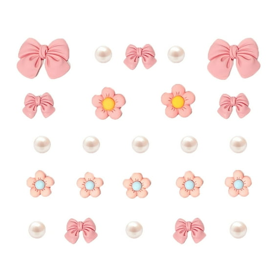 Pink Bow Shoe Charms for Girls, 24Pcs Cute Flower Accessories for Clog Sandals, Pearl Decoration for Women, DIY Party Favor