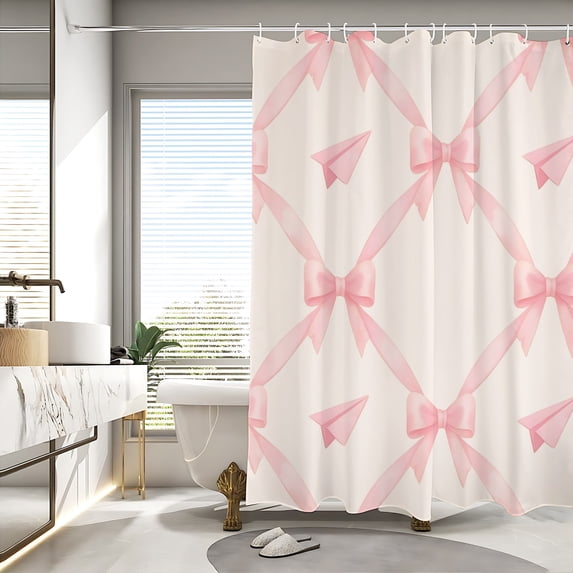 Pink Bow Shower Curtain 72x72, Waterproof Washable Polyester Bathroom Curtain, Bow Bath Curtain with 12 Plastic C Hooks, Machine Washable Fabric Bath Curtain for Bathroom Decor