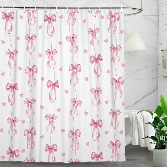 Pink Bow Shower Curtain, Cute Aesthetic Bowknot for Teens Girls Aabstract Shower Curtain Set, Princess Style Girly Fairy Tale Theme Bath Curtain Decor with Hooks, 47X64in