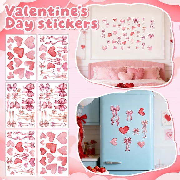 Pink Bow Stickers Y2k Aesthetic Wall Stickers Preppy Pink Bow Heart Cherry Wall Decals Peel and Stick for Bedroom Dresser Playroom Windows Decals Background Decor Home Party