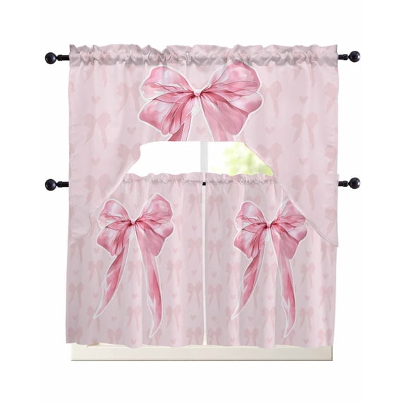 Pink Bow Swag Kitchen Curtains Sets for Windows 24 Inch Length, Cute Watercolor Girls Cartoon Luxury Short Window Curtain Panels Swags Valances and Tiers 3 Piece Set for Cafe/Dining Room